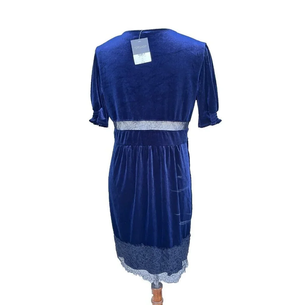 Topshop Women Velvet Lace Trim Short Sleeve Mini Dress Size 10 US - Picture 2 of 13